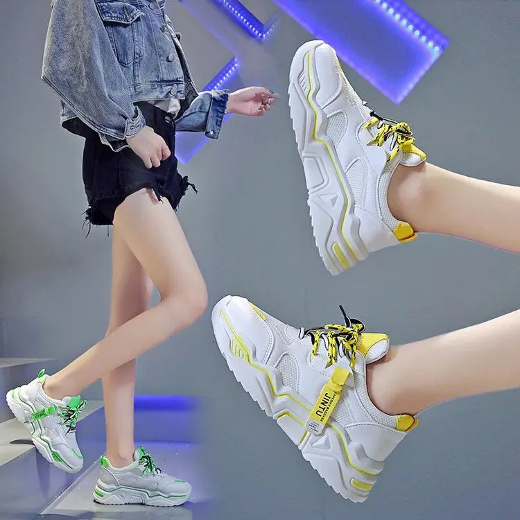 Повседневные кроссовки на платформе; дышащая амортизирующая обувь; женская обувь из сетчатого материала на шнуровке; белые кроссовки, визуально увеличивающие рост; женская обувь на массивном каблуке; Sapato