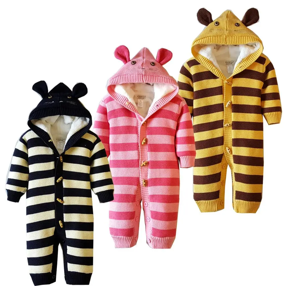 

knitted romper winter baby girl rompers autumn rabbit jumpsuit new born clothes baby newborn rompers fleece warm clothing stripe