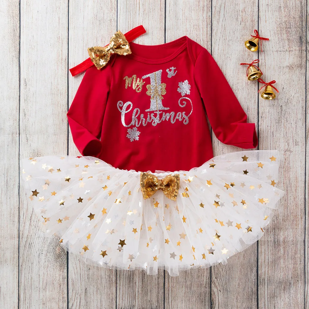 My 1st Christmas/детское модное платье для маленьких девочек платье для новорожденных девочек Комбинезон, топы, платье-пачка, набор для волос, Рождественская одежда
