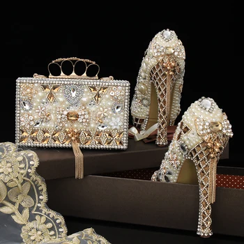 Luxury Beige Pearl Wedding shoes with matching bags 1
