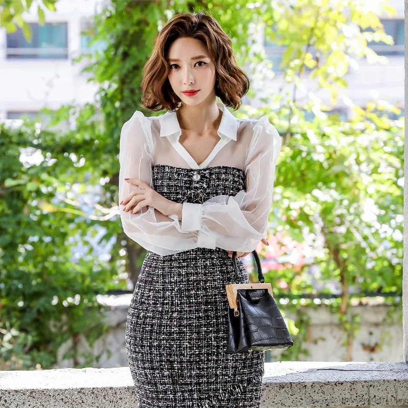 

Dress 2019 Autumn And Winter New Products Debutante Elegant Fold-down Collar Long Sleeve Slim Fit Sheath Pencil Skirt