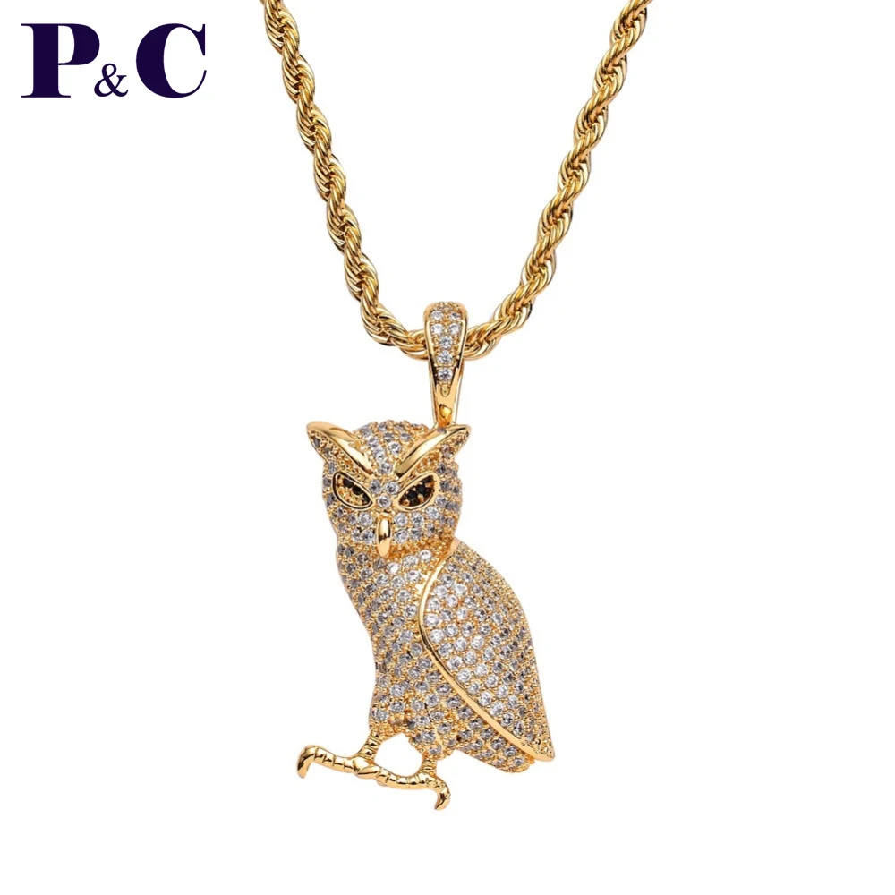 Iced Zircon Owl Pendant Animal Necklace Jewelry Cubic zircon with Copper Material Bling AAA CZ Men's Hip hip For Women | Украшения и