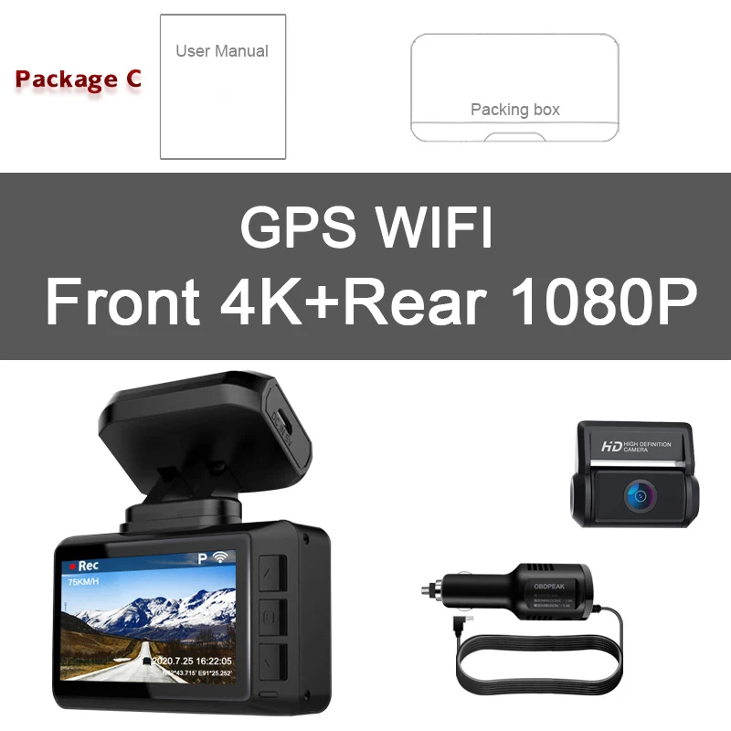 car dvr Dash Cam Car Video Recorder 4K WIFI 3 in 1 DVR GPS Track 30FPS Ultra HD Super Night Vision Camera 2160P 24H Parking Dash Camera rear view mirror backup camera DVR/Dash Cameras