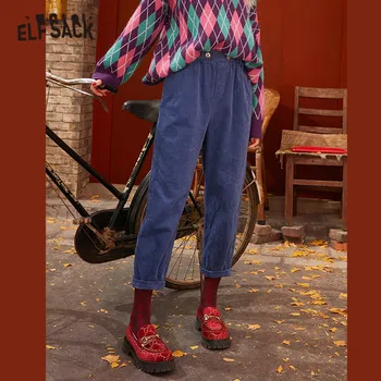 

ELFSACK Blue Solid Corduroy Korean Casual Women Pants 2020 Spring Apricot Elastic Waist Straight Ladies Basic Daily Trouser