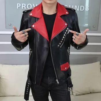 

2020 New Fashion Rivet Lapel Mens Biker Jacket Luxury Genuine Leather Jacket Slim Fit Pocket Zipper Outerwear Male Plus Size 3XL
