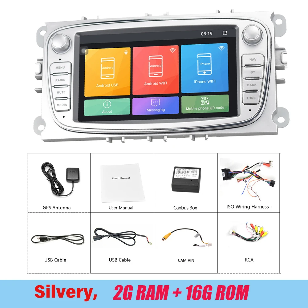 LeeKooLuu 2 Din автомобильное радио Зеркало Ссылка Android Авторадио для Ford Focus 2 S-MAX Mondeo mk4 C-MAX Galaxy wifi gps Автомобильный мультимедийный - Цвет: Silvery 2G 16G