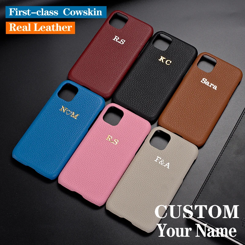 Custom Pebble Grain Genuine Leather Luxury Gold Initial Name Phone Case Cover For iPhone 12 11 Pro  X XS XR  7 7Plus 8Plus