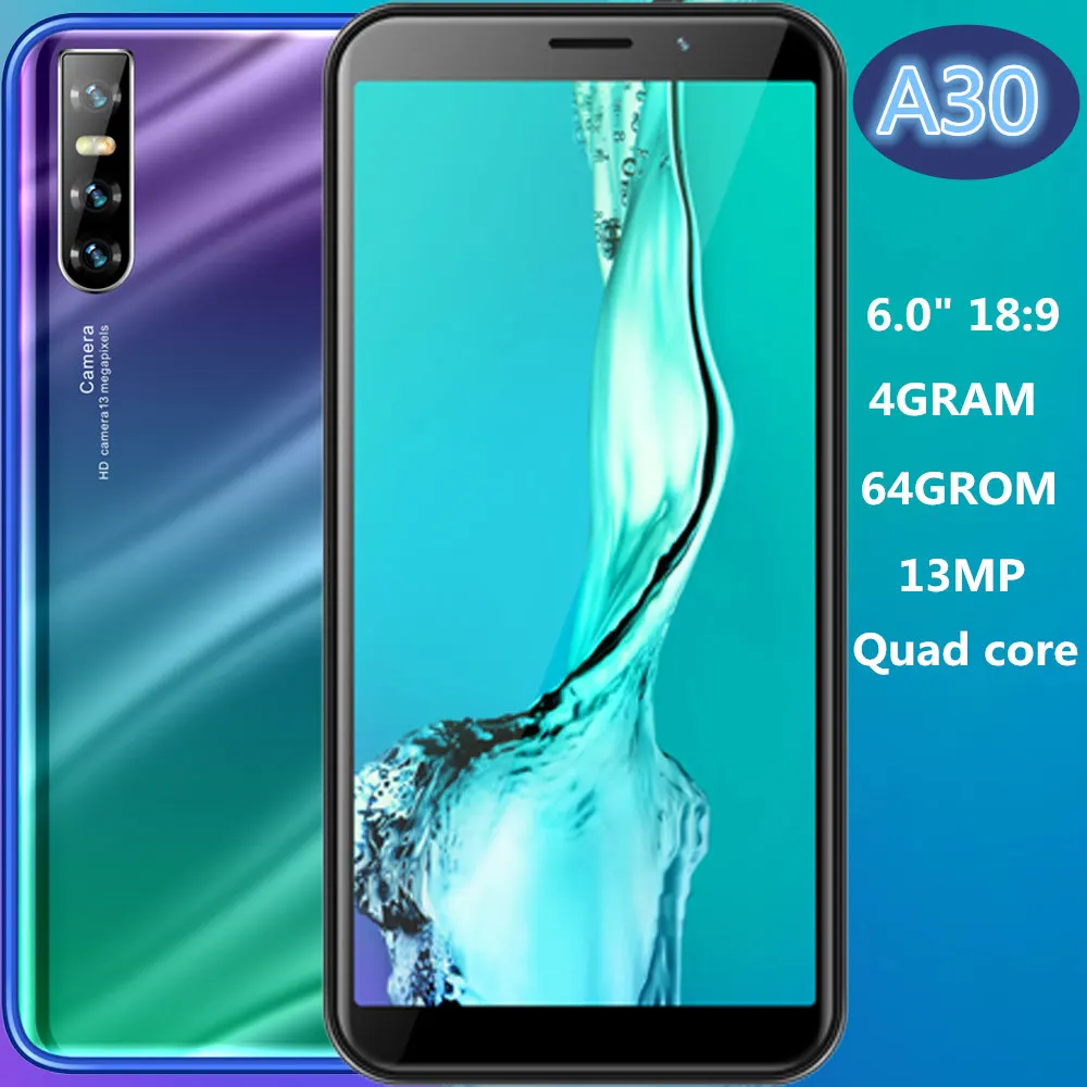 A30 смартфоны 6 0 &quotips 4G ram + 64G rom четырехъядерный 5MP 13MP Фронтальная/задняя камера Android