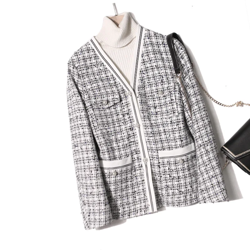 

Shuchan Tweed Womens Jackets and Coats V-Neck High Street Single Breasted 2019 Fall Winter Designer Women Tops High Quality