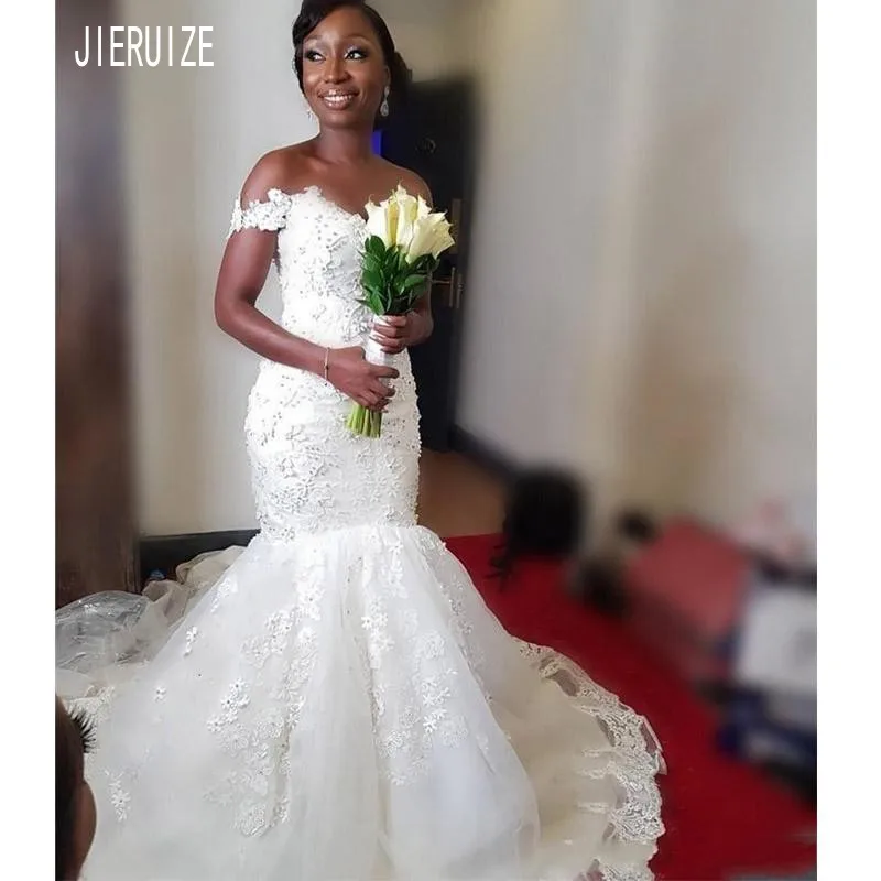 JIERUIZE Luxury White African Mermaid Wedding Dresses Off Shoulder Appliques Beaded Gowns Lace Up Back vestido de noiva | Свадьбы и