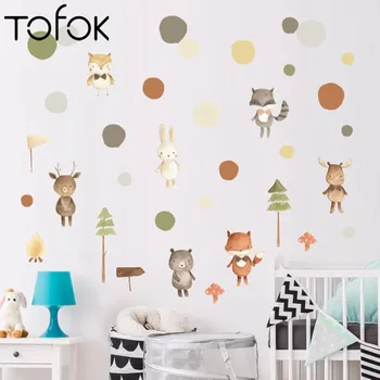 

Tofok Nordic Style Animal Squirrel Rabbit Fox Circle Wall Stickers for Kids Room Kindergarten Bedroom Wall Decor DIY Decals