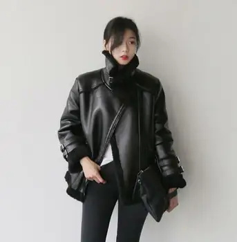 

Women's Fur Leather Black Shearling Bomber Coat Oversized Solid Jacket G014