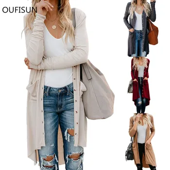 

Autumn Solid Cardigan Women Long Sleeve Spring New Female Elegant Pocket Knitted Outerwear Sweater High Quality For Mujer