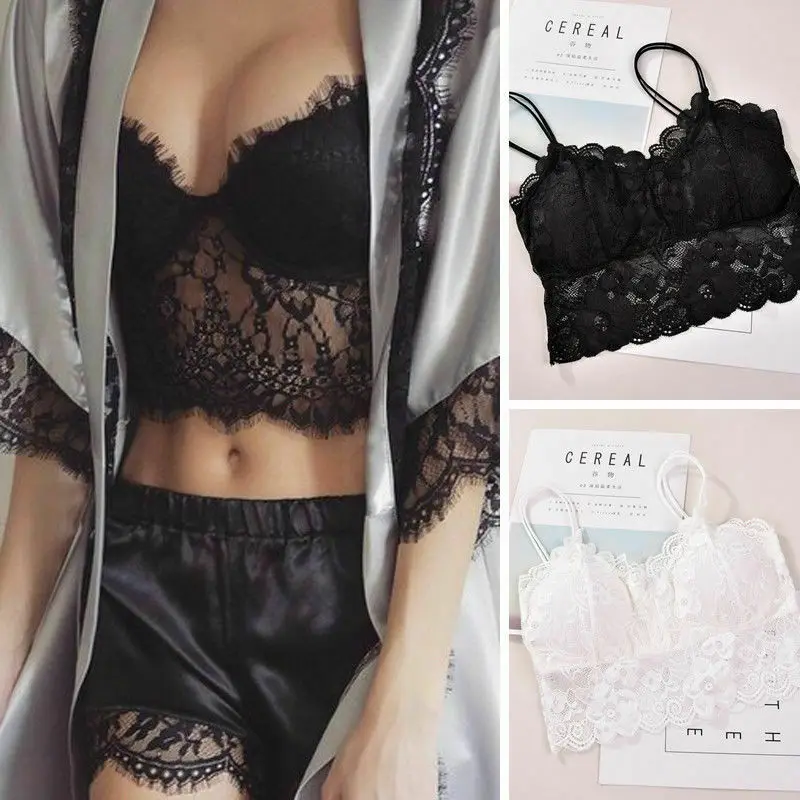 

Sexy Women's Sleeveless Eyelash Lace Lingerie See-through Padded Vest Crochet Push Up Bra Tank Tops Bralette Bra Cami Crop Top