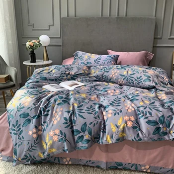 

TUTUBIRD Luxury Egyptian cotton bedclothes bed linen set leaf flower print Soft Satin pastoral style duvet cover bedspread
