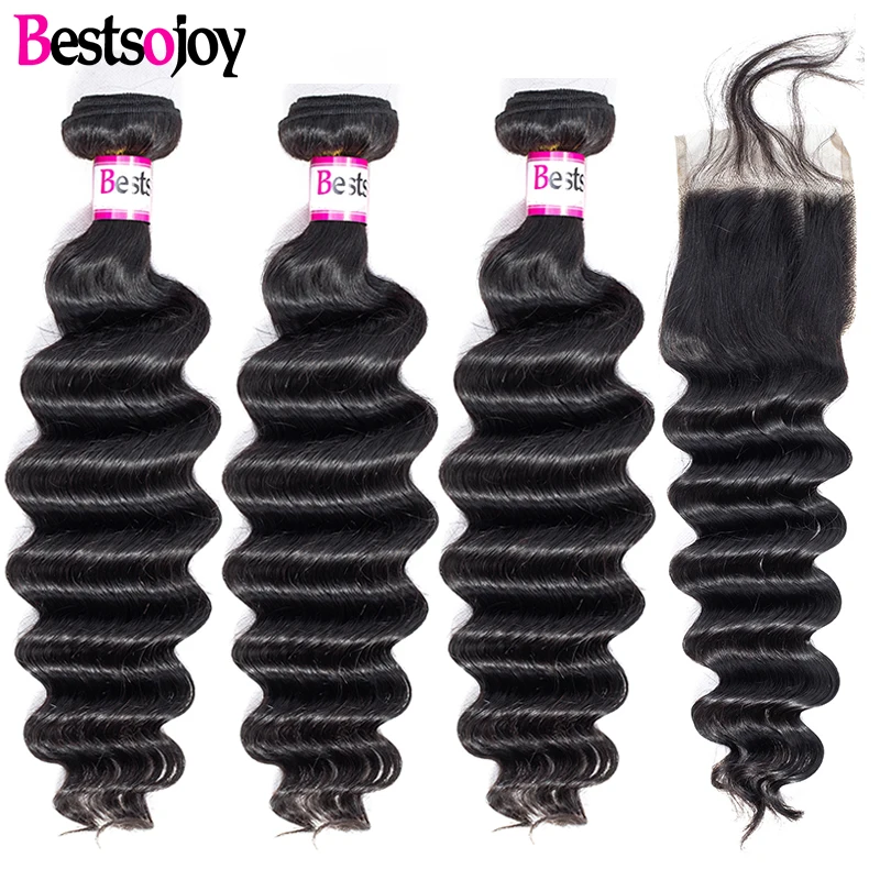 

[Bestsojoy] Loose Deep Wave M Remy Human Hair 3 Bundles With Closure Brazilian Hair Weave Bundles With Closure Wet And Wavy