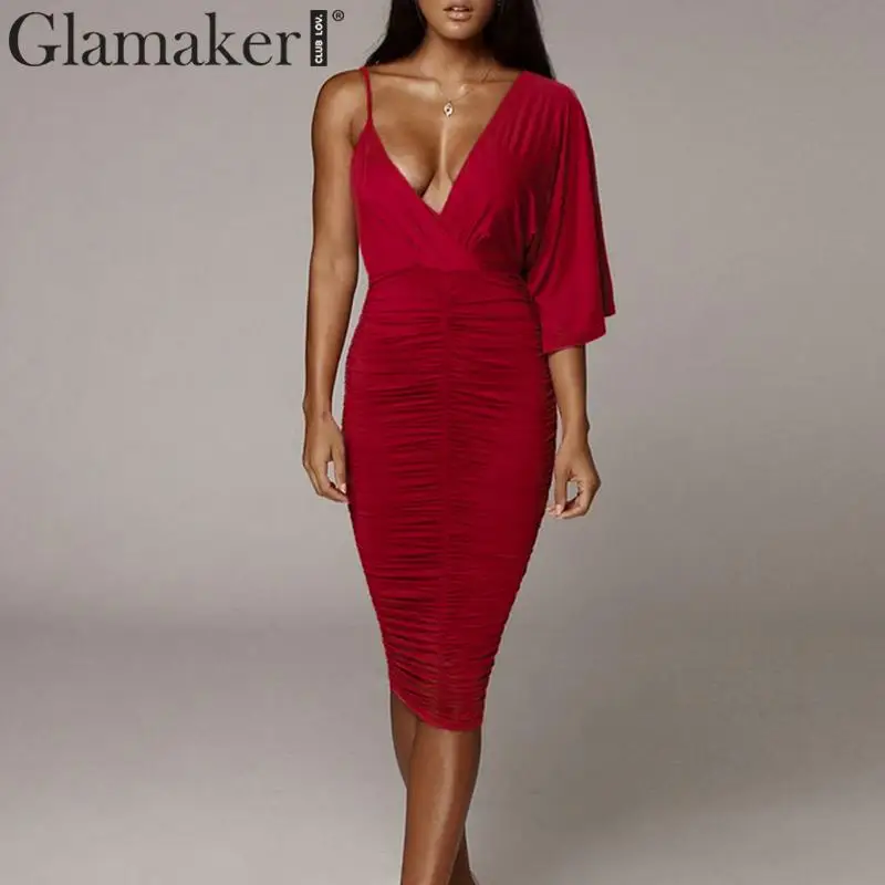 Glamaker, трикотажное элегантное платье на одно плечо с завязками, женское платье с v-образным вырезом и высокой талией, женское осенне-зимнее сексуальное платье