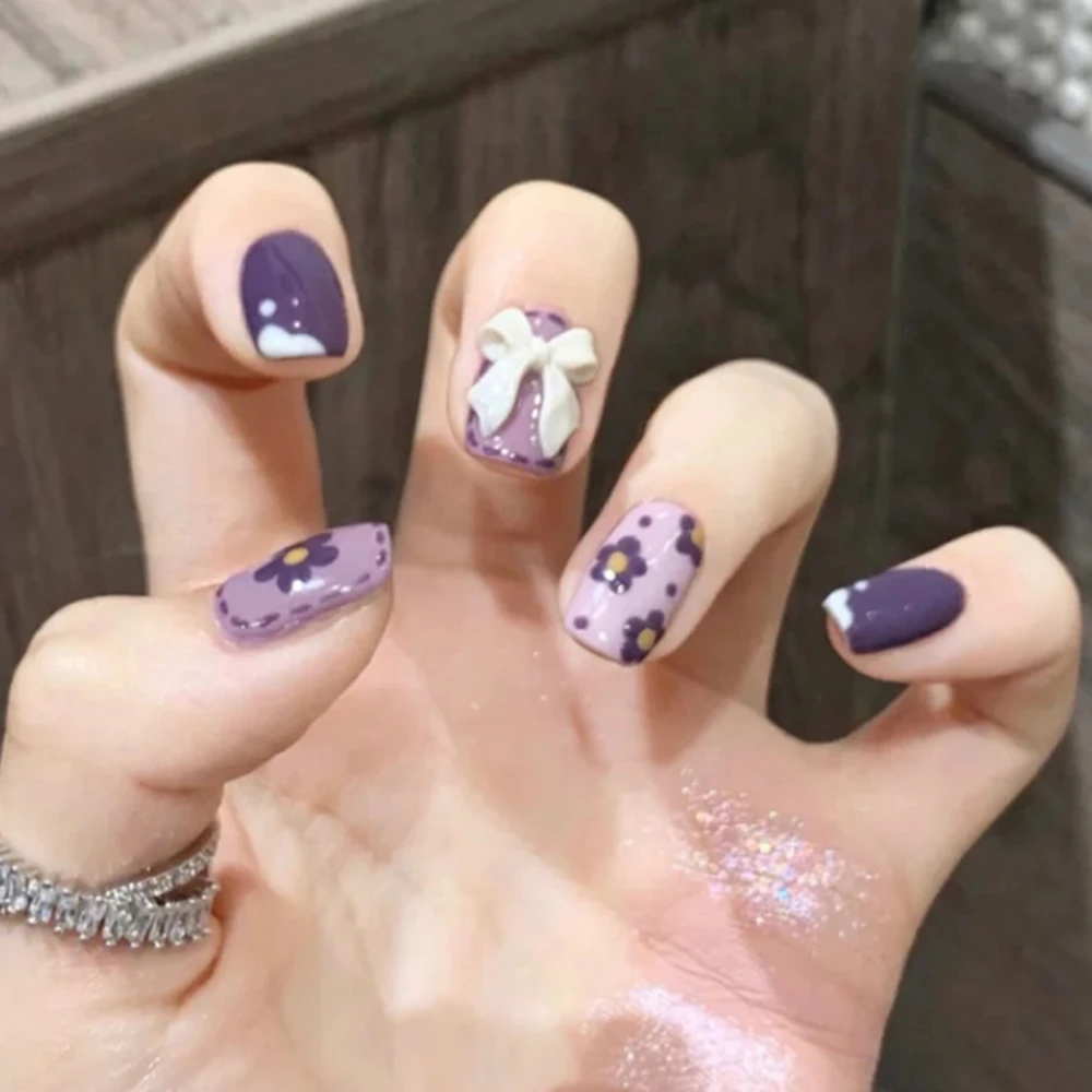 Short Square Head False Nails with Flowers Bowknot Designs Fake Nails  Artificial Nail Art Tip Press On Nail Manicure Tools|False Nails| -  AliExpress
