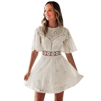 

Sexy White Crochet Hollow Out Dress Women Flare Sleeve Embroidery Mini Dress Summer Dress