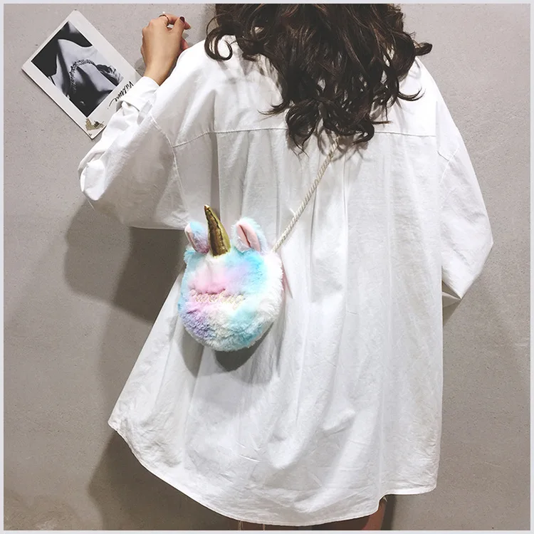 Good quality fashion Unicorn Horn Kids Girls Plush Shoulder Bag Soft Plush Coin Purse for female handbags