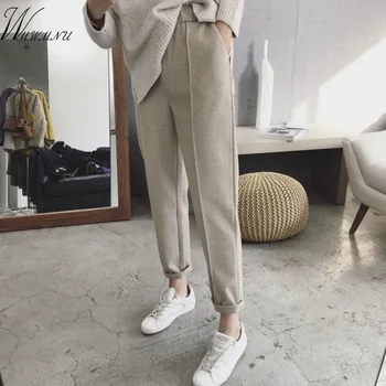 

Loose Casual Harem Wool Pants Autumn Winter Women Thick Pant High Waist Ankle-length Pants Female Straight Suit Pants Streetwear