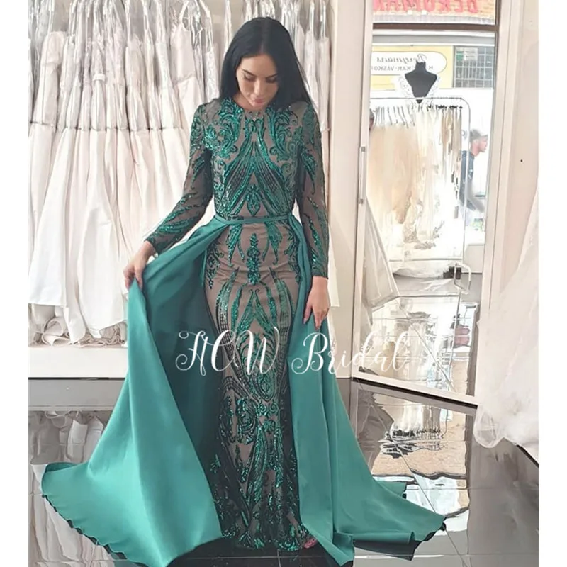 Индивидуальный заказ длинное с силуэтом "Русалка" цвета Бургунди рукав вечернее платье новейшее Съемный Поезд Великолепное Кружевное арабское женское выпускное платье - Цвет: Зеленый