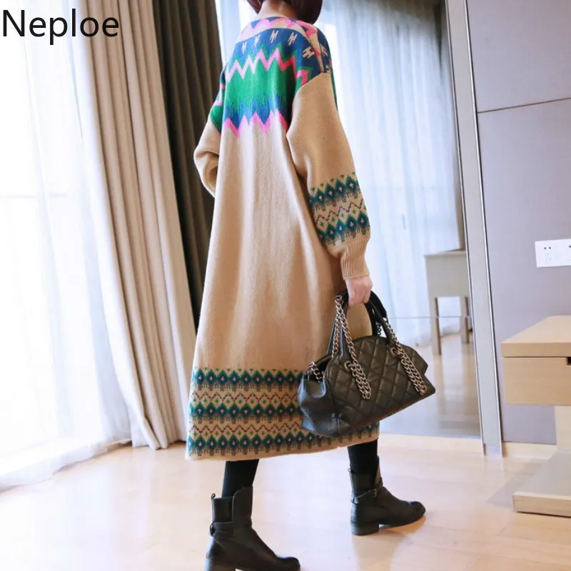 Neploe корейский v-образный вырез макси трикотажные кардиганы свободный плюс размер свитер женские толстовки контрастного цвета пэчворк Pull Femme Hiver пальто 46274