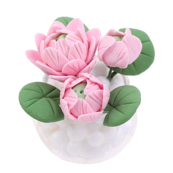 

Mini Furniture Lotus Potted Plant Pink Flower Lotus Doll House Decor Children Baby Gift Toys 1:12 Dollhouse Miniature
