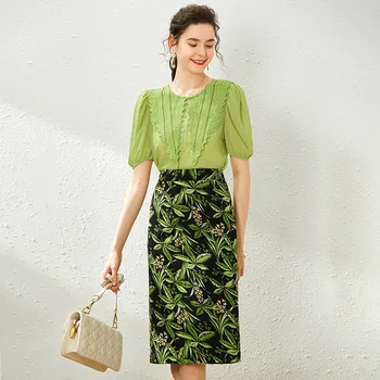 

Skirt And Top Set Women's Summer 2020 New Round neck Short Sleeved Blouse + Green Fashion Printed Knee Length Skirt Suits