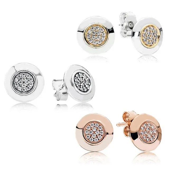 

NEW 100% 925 Sterling Silver & 14 Gold Color Round Stud Earring Rose Gold zircon Original Autograph Earring DIY Wholesale