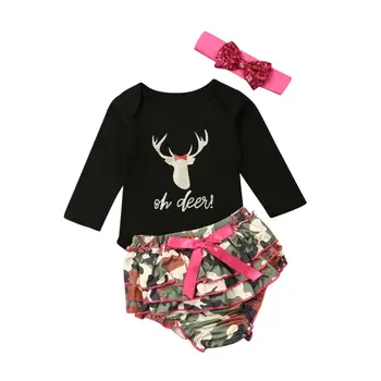 

Newborn Baby Girls Autumn Deer Letter Printed Long Sleeve Tops+Bowknot Camouflage Shorts+Headband 3pcs Set