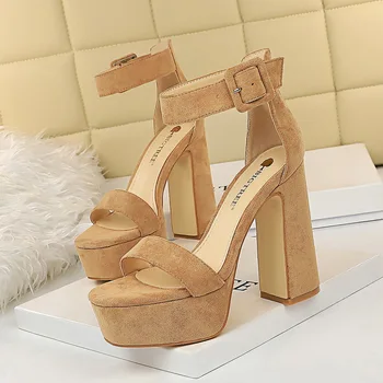 

New Summer Shoes Woman Sandals High Heels Chunky-Heel Platform Shoes Suede Square Toe Fashion Ankle Strap Female Sandal G3363-7