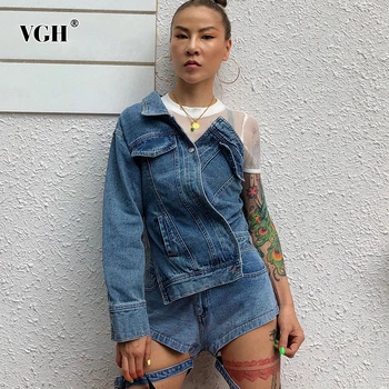 

VGH Denim patchwork mesh Jacket Women Lapel collar One Shoulder Long Sleeve Asymmetrical Coat Female Fashion Clothes 2020 New