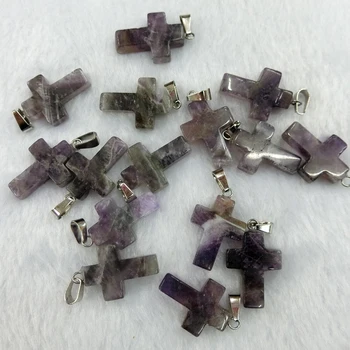 

24pcs Natural Gem Stone Pendants Cross Shape Necklaces Pendants Purple Crystal Amethysts Charms Jewelry Accessories Making