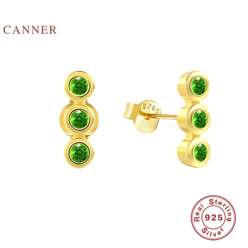 

CANNER Real 925 Sterling Silver Earrings For Women Single Row Three Turquoise Stud Earrings Zircon Diamond Pendientes Jewelry