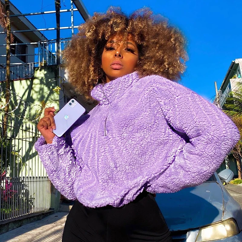 

Casual Solid Furry Cropped Pullover Women's Sweatshirt 2020 Autumn Zip Up Turtelneck Long Sleeve Drawstring Hem Kawaii Y2k Tops