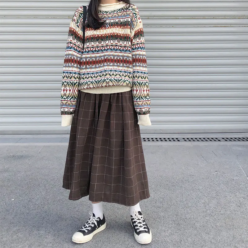 2 цвета, японский стиль, высокая эластичная талия, длинные юбки для женщин, Осень-зима, клетчатые трапециевидные плиссированные юбки для женщин(X1078