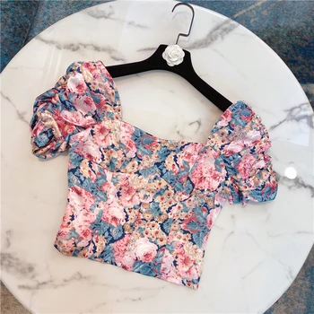 

Crop Top Women 2020 Spring and Summer Retro Temperament Flower Print Shirt Puff Sleeve Short Navel Printed Blouse Blouses Femme