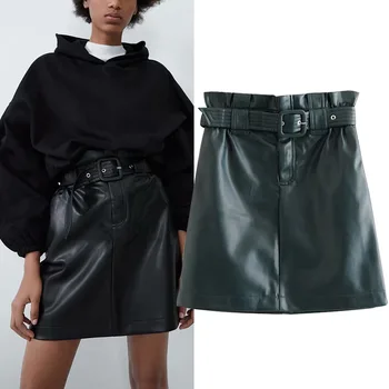 

European and American spring new casual slimming high waist pu leather A word skirt mini skirt black and green leather skirt