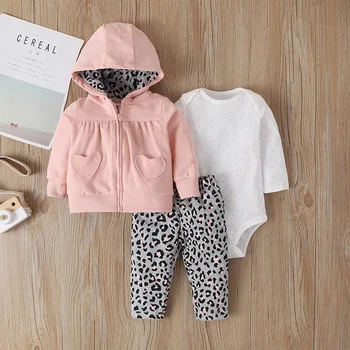 

Newborn Jacket 2020 Autumn Children's Clothes New Baby Girls Long-sleeve Sweatshirt Leopard Trousers Dot Romper Three-piece Suit