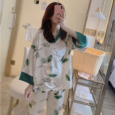 

YD-V-neck Leaf Long-sleeved Pullover Sweet Pajamas Tracksuit Piece Series