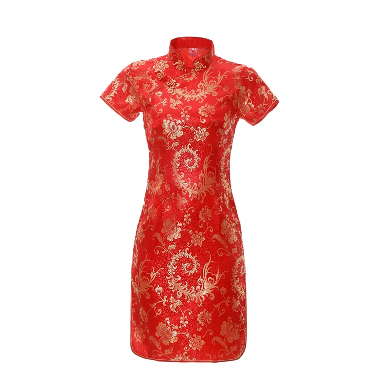 Классический короткий рукав Мини Cheongsam сексуальный сплит красный цветок женское платье винтажный воротник мандарина оверсайз 3XL Vestidso Cheongsam