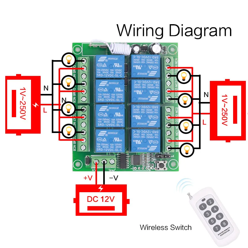 433Mhz Wireless RF Universal DC 12V 8CH Receiver Remote Control Switch long distance Transmitter bedroom light lamp motor led