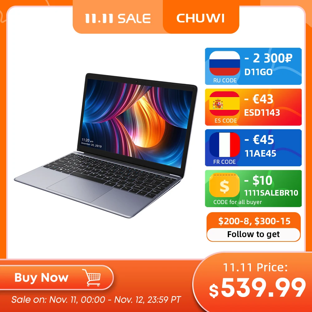  CHUWI HeroBook Pro 14,1-дюймов экран FHD Intel Celeron N4020 Двухъядерный UHD Graphics 600 GPU 8GB RAM 256GB SSD ноутбук с Windows 10 