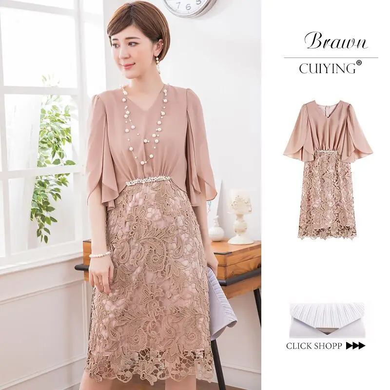 

2019 Elegant Commuting Ladies' Dress New Style Lace Joint Slimming Bat Sleeve V-neck Dress 88262