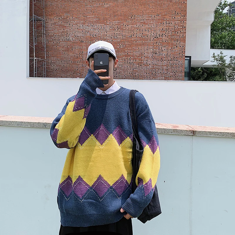 Autumn Sweater Men Fashion Contrast Color Casual Knit Sweaters Men Streetwear Loose Long-sleeved Pullover Sweter Clothes M-2XL Autumn Sweater Men Fashion Contrast Color Casual Knit Sweaters Men Streetwear Loose Long-sleeved Pullover Sweter Clothes M-2XL