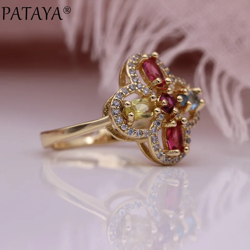PATAYA новые женские свадебные Открытые Кольца 585 розовое золото Красочные Овальные натуральный циркон модные ювелирные изделия четыре цветка полые вечерние кольца
