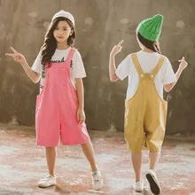 Штаны для девочек г. Летние новые стильные штаны на подтяжках в Корейском стиле для больших мальчиков Детские Капри в западном стиле брюки для студентов