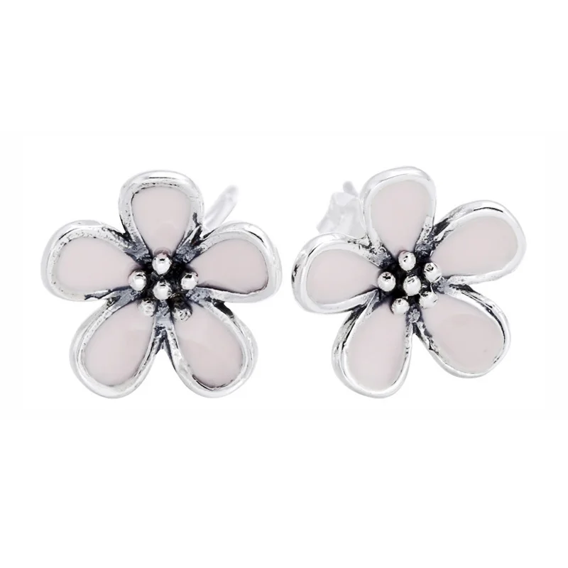 

Original White Enamel Cherry Blossom Studs Earrings For Women 925 Sterling Silver Earring Wedding Gift Fine Diy Jewelry