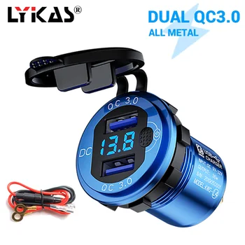 

LYKAS Dual USB Car Charger Socket QC 3.0 Aluminum Alloy USB Phone Charger Voltage LED Display for 12V 24V Truck Boat Motorcycle